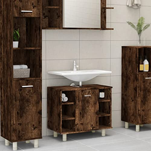 Homvdxl Modern Under Sink Bathroom Cabinet, Free Standing Sink Storage Unit, Basin Cupboard With Door & Open Shelves, for Washbasins without Pedestal, Oak+Rustic