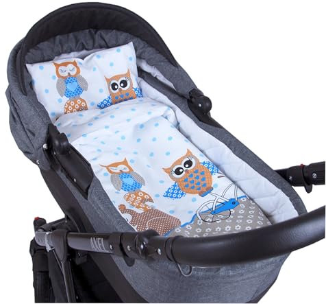 Babylux 2 TLG. Set Bezug für Kinderwagen Stubenwagen oder Wiege Garnitur Bettwäsche Kissen Decke 60 x 78 cm (53. Eule Blau)
