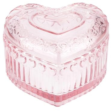 HOBBIESAY 1Pc Vintage Glass Trinket Organizer Box Romantic Pink Crystal Glass Storage Box Embossed Heart Storage for Women Rings Desk Vanity Display