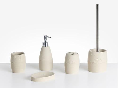 Badaccessoires Set 5-teilig Kunstharz Hellbeige Rillenoptik Betonoptik Yarapa