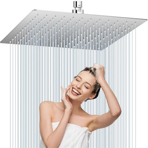 Moshiqgaol Soffione Doccia Grande a Pioggia Quadrato 12 Pollici (30x30 cm) in Acciaio Inossidabile 304 Cromato, Testa Doccia Anticalcare con 144 Ugelli, Regolazione 360°, Facile da Pulire e Montare