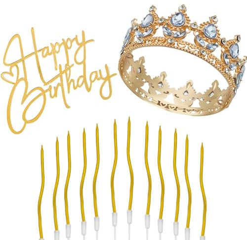 Topper per Torta a Forma di Corona,12 Pezzi Candele a Spirale di Compleanno Metalliche per Torte,Corona d'oro,Adatto per Torte,Matrimoni,Balli Studenteschi,Feste di Compleanno