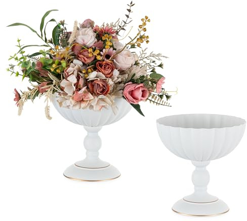 Sziqiqi White Urn Vases for Wedding: 20cm Metal Vase Set of 2 for Birthday Party Anniversary Dining Table Centrepieces- Small Flower Urn Vases for Artificial Flower Arrangement Decoration