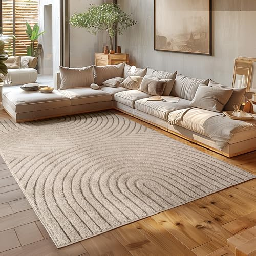 HomebyHome Alfombra de Salón 200x290 cm Beige de Pelo Largo Diseño Scandi Boho Efecto Relieve Shaggy Suave Acolchada Resistente Fácil de Limpiar Moderna para Comedor