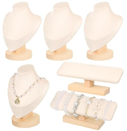 Rainmae 4Pcs Jewelry Display Set, Necklace Display Stand and T Bar Bracelet Holder, Wooden Necklace/Watch/Bracelet Display Rack, Jewelry Bust for Selling for Vendors Home Trade Organizer