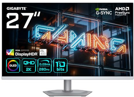 Gigabyte MO27Q2A ICE 27” OLED 2K QHD Gaming Monitor - 2560 x 1440, 280Hz, 0.03ms, 250 cd/m², FreeSync Premium Pro, DisplayHDR True Black 400, HDMI 2.1, Displayport 1.4