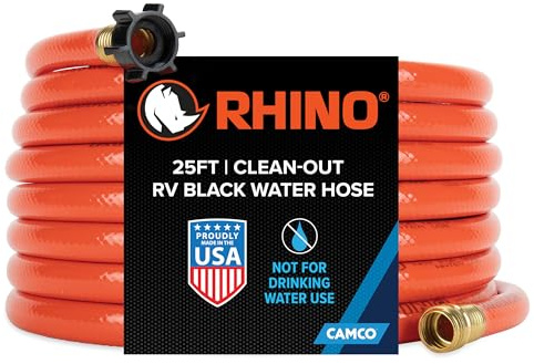 Camco Rhino 25-Ft Clean-Out Camper/RV Black Water Hose - Features a Heavy-Duty PVC Design & Bright Orange Color - Clean-Out Camper Black Water, Grey Water or Tote Tanks - 5/8” Inside Diameter (22990)