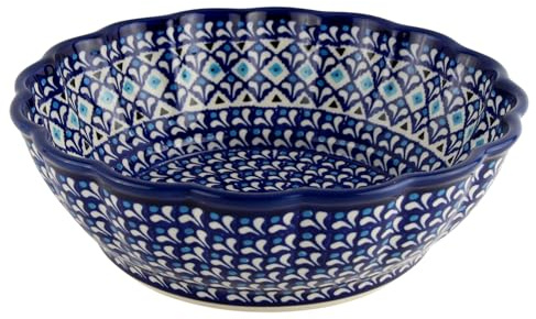 Polish Pottery Market Serving Bowl 9.5 (8 Cups) by Zaklady Ceramiczne Boleslawiec in Blue Blossom Pattern - Handmade Polish Stoneware 64 oz. Bowl for Serving Mashed Potatoes, Salad, and Pasta (217a)