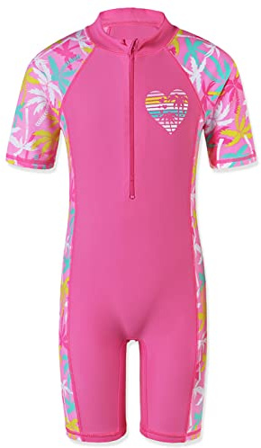 HUAANIUE Girls One Piece Swimming Costume Kids Short Sleeve Rash Guard Swimsuit UPF 50+ UV Sun Protection Quick Dry Teen Beachwear 4-12 Years(CocoTree,128/134)