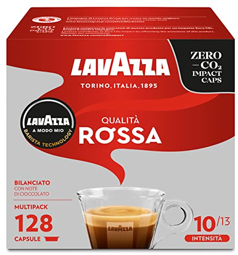 Lavazza A Modo Mio Qualità Rossa, 128 Capsule Caffè, per un Espresso con Note di Cioccolato e Frutta Secca, Arabica e Robusta, Intensità 10/13, Tostatura Media, 8 Confezioni da 16 Capsule