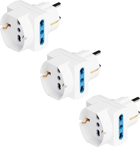 POLYPOOL 3 Adattatori Presa Tedesca Schuko e Spina Italiana 16A 2P+T 2 prese, 10-16A 2P+T 1 presa (Standard 10A e 16A Terra Laterale), Bianco, PP2351.3