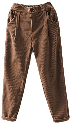 Tebreux Damen Baumwoll Harem Cordhose Elastische Taille Tapered Hosen Corduroy Einfarbig Freizeithosen Braun M