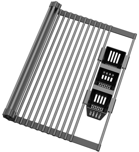 Roll Up Dish Drying Rack, Silicone Wrapped Over The Sink Multipurpose Foldable Dish Drainer Anti-Slip Dish Racks for Kitchen Counter, Sink Drying Rack Cover with Utensil Holder (Black, 17.3 x 17.6)