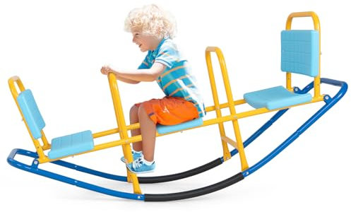 COSTWAY Balancín Oscilante de Metal para 3 o 2 Personas, Subibaja con Empuñaduras, Balancín para Interior y Exterior (Azul)