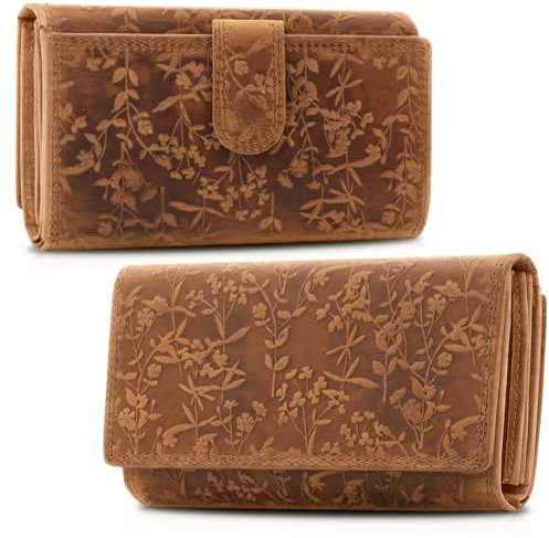 ekavale Damen-Geldbörse groß im Langformat Portemonnaie mit Druckknopf und RFID- Schutz, Geldbörse mit Blüten Muster (Braun)