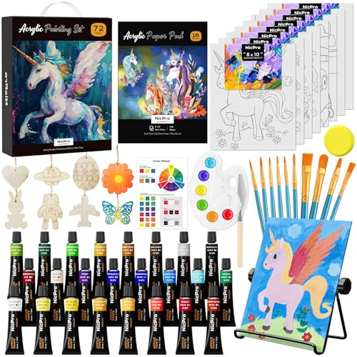 Nicpro 72PCS Painting Set with Pattern Canvas, Art Painting Supplies Kit with 24 Acrylic Paints,10 Brushes, 8 Canvas Panels,Table Easel,Paper Pad,Color Wheel,Palette for Beginner Student Toddlers