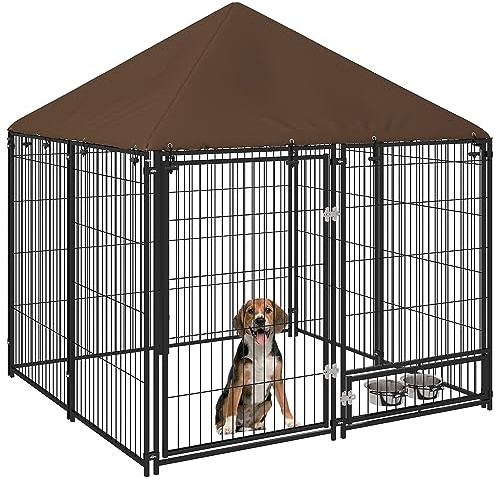 PawHut Recinto per Cani da Esterno, Box per Cani in Acciaio 141x141x151 cm con Tetto Anti-UV, Impermeabile, Ciotola Girevole, Kennel Recinzione Spazioso per Cuccioli, Giardino, Nero e Marrone
