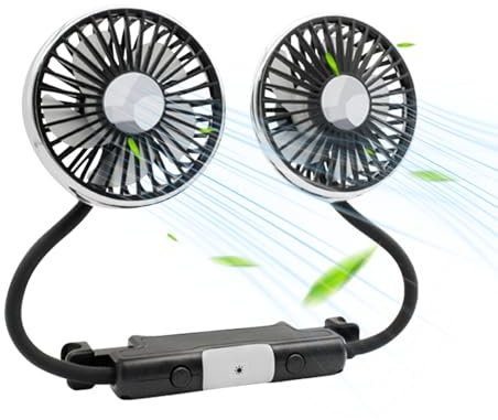 Elektroauto-Ventilatoren für den Rücksitz Passagier Tragbarer Autositz-Ventilator Kopfstütze 360 Grad drehbarer Rücksitz-Ventilator 12V-Kühlluftventilator,Doppelkopf Beleuchtung USB Ventilator Lüfter