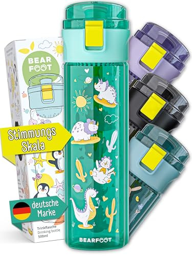 BEARFOOT Trinkflasche Kinder auslaufsicher, 500ml, leichte Tritan Wasserflasche, BPA frei, Kohlensäure geeignet, spülmaschinenfest für Jungen, Mädchen (Dinos-mint, 500ml)
