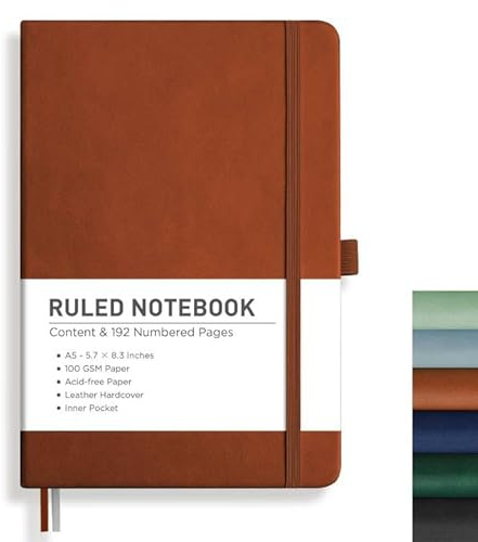 Rettacy Carnet A5 ligné - 96 pages numérotées - Papier 100 g/m² - Format 14,8 x 21 cm - Couverture souple avec poche intérieure - Pour bureau et école - Marron