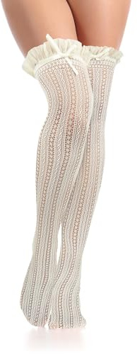 Benefeet Sox Thigh High Socks for Women with Bow Ruffle Mesh Fishnet Long Knee High Stockings Girls Cute Sexy Frilly Sheer Hollow Out See Through Costume Stockings, Cream