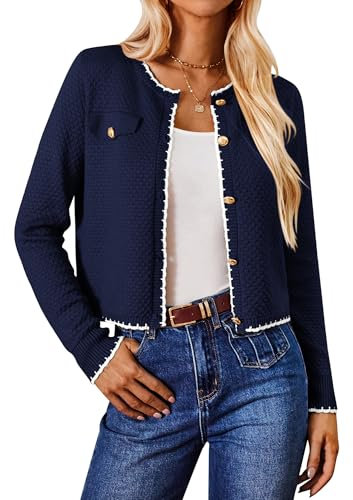 Damen Leicht Gestrickt Jacke Button Down Cardigan Grune Basic Strickjacke Elegante Hochzeit Jacke für Kleid mit Knopfleiste Dunkelblau S