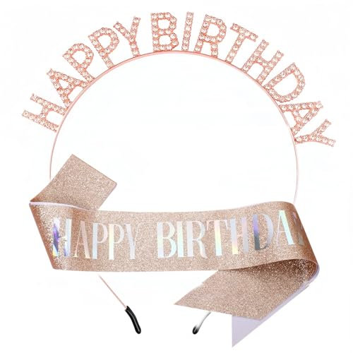 Dimetey Birthday Crowns for Women,Happy Birthday Sash & Tiara for Women Girl,Rhinestone Princess Headband Accessories (Rose Gold)