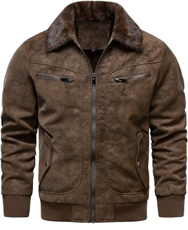 HOOD CREW Herren Kunstpelz Bomberjacke Fleece Gefütterte Winterjacke Vintage Kunstleder Jacke Mit Pelzkragen