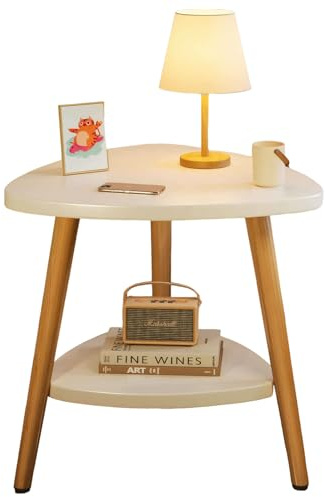lcvtos Mesa Auxiliar Triangular de 2 Niveles, Mesa Pequeña de Madera y Metal con Estante para Salón, Dormitorio, Oficina, 50 x 50 cm (Blanco Piano)