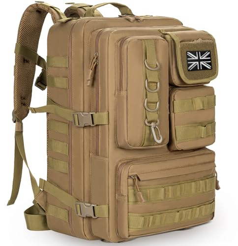 OUUTMEE 50L Sac à Dos Tactique Militaire avec Système Molle, 2,4 Fois Plus Résistant, Sac d'Assaut Militaire Grande Capacité et Imperméable, Sac à Dos Militaire pour Randonnée, Camping, Voyages,Khaki