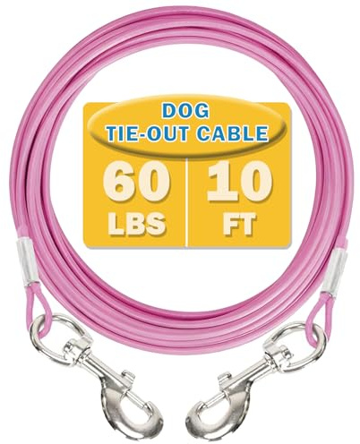 Mi Metty Cable de amarre para perros pequeños de hasta 60 libras, cadena de acero con clips duraderos, camino al aire libre para correa de exterior y patio (rosa, 60 libras, 10 pies)