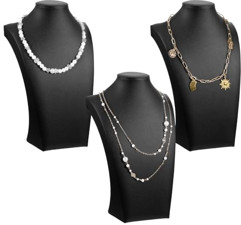 3 Pcs PU Leather Necklace Stand Display, Black Bust Jewelry Stand for Necklaces- Professional Necklace Holder Display with Wood Base for Retail Store, Trade Show, Home Decor (11.42 x 3.94 x 6.89)
