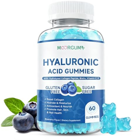 MOORGUMY 1000mg Hyaluronic Acid & Collagen Peptide Supplements with Biotin, Vitamins C & E - Hair Skin Nails Health Support for Men & Women, Blueberry Flavor, Gluten-Free 60 Gummies