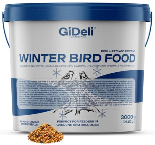 GiDeli Comida para pájaros de invierno, 3 kg, en cubo, para aves silvestres durante todo el año, alimento para herrerillos para jardín y balcón, con semillas de lino ricas en Omega-3, calcio, sin
