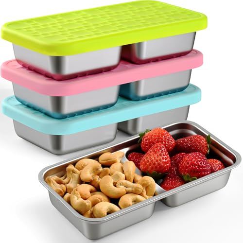 Jrisbo Recipientes para Alimentos de Acero Inox, 3 Pack Caja de Aperitivos con Compartimentos y Tapa Hermética, 20x11x4 CM Metálica Snack Box, Apto para Lavavajillas y Congelador