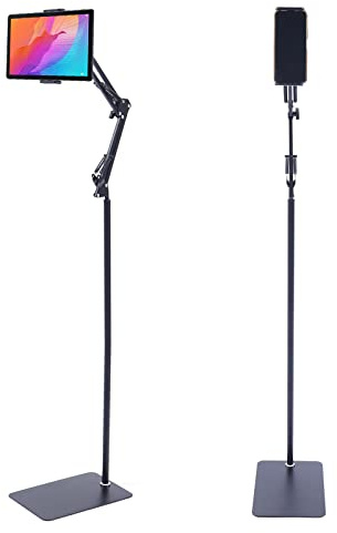Trépied de sol pour tablette - Hauteur réglable jusqu'à 135 cm et rotatif à 360 ° - Robuste - En acier au carbone - Avec pince solide (4-7) - Idéal pour le bureau à domicile, la cuisine et le fitness