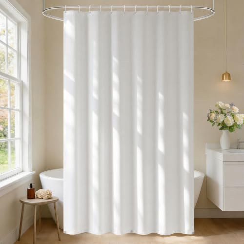 EurCross Wasserdicht Mikrofaser-Duschvorhang 180x200 cm wie Baumwolle, Leichter Stoff Waschbar Badvorhang in Weiß mit TPU Rückseite, 3 Magneten und 12 Ringen