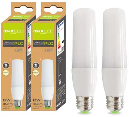 Maxled, Light is Led! Pack de 2 Bombilla LED E27 Luz Fria 12W LED Tubular Equivalente a 90W Halógenas Lámpara PLC E27 Bajo Consumo 4000K Blanco Frio PLC Tubo Bombillas para luz habitacion No Regulable