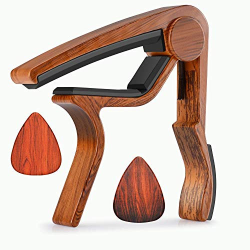 MOREYES Gitarre Capo für Akustik Gitarre, Ukulele, E-Gitarre, Bass mit Holz Farbe Gitarre Plektrum Plektron Picks Mirabow color