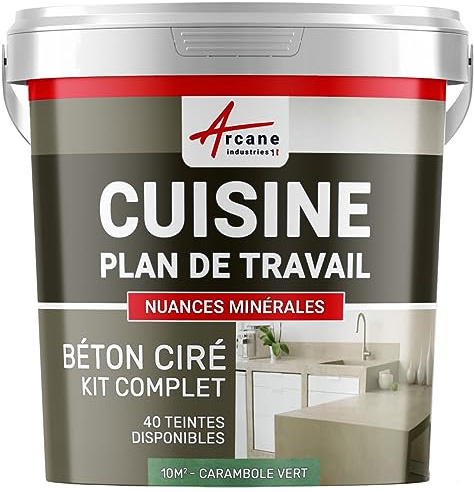 Béton ciré cuisine, plan de travail, crédence, évier, sol et mur, revêtement mural décoratif, kit complet - 10 m² (en 2 couches) Carambole Vert - ARCANE INDUSTRIES