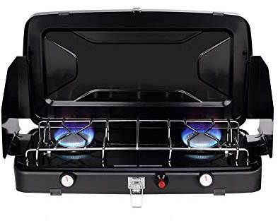 Camplux JK-8620 Estufa de Camping Portátil con 2 Quemadores, 2.400W, cocina Compacta de Gas Butano/Propano con Parabrisas