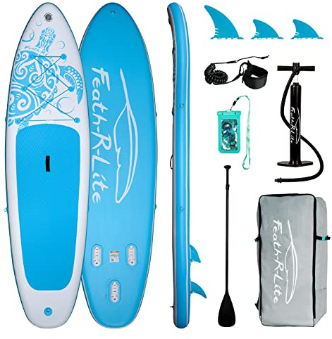 FEATH-R-LITE Tavola da surf gonfiabile Stand Up Paddle Board SUP Accessori per paddle gonfiabile completo pagaia regolabile, pompa, zaino da viaggio ISUP, guinzaglio, borsa impermeabile, 320x83x15 cm