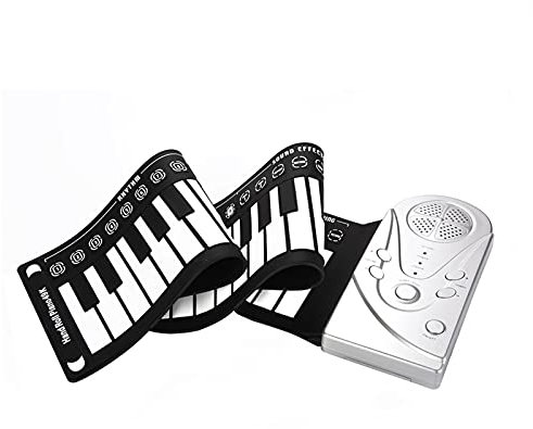 49 Tasten Aufrollbares Klavier Tragbar Faltbar Silikon Klaviertastatur Eingebauter Lautsprecher für Anfänger (Silber)