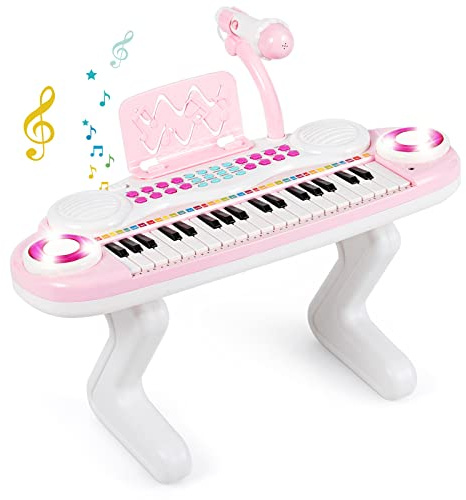 DREAMADE Piano Numérique pour Enfants 37 Touches, Clavier Électronique pour Enfants avec Microphone,Fonction d'Enregistrement et de Lecture,Effets d'Éclairage&Accessoires Abondants (Rose)