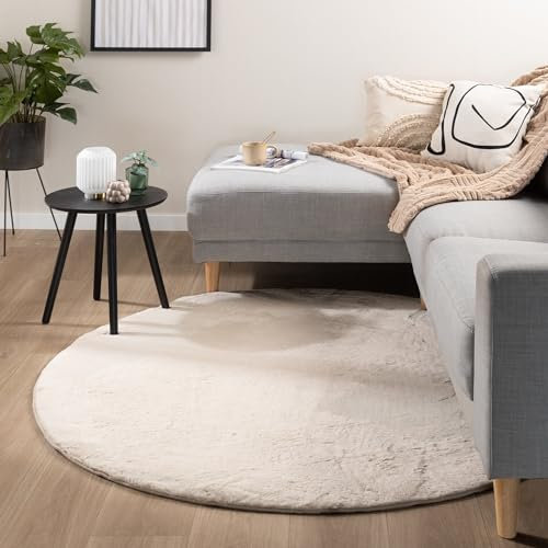 FRAAI | Home & Living Flauschiger Teppich Rund - Cozy Creme - Polyester - Kurzflor - Einfarbig - Waschbar in Waschmaschine - Modern - Wohnzimmer, Esszimmer, Kinderzimmer, Schlafzimmer - Carpet
