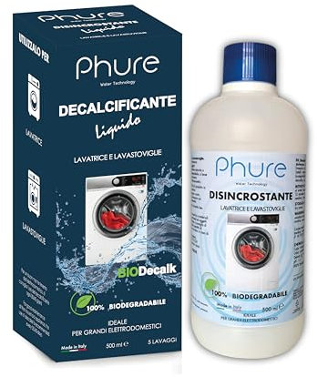 PHURE BIO DECALK Entretien machine à laver, détartrant, détartrant, dégraissant et nettoyant universel pour lave-vaisselle et machine à laver naturel et biocompatible 500 ml