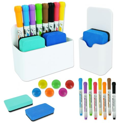 Morocket 18 Pcs Whiteboard Accessories Set, 2 Magnetic Pen Holders, 8 Whiteboard Markers, 6 Magnets, 2 Whiteboard Sponges, Pen Organiser, Magnetic Marker Holder for Home, School, Office