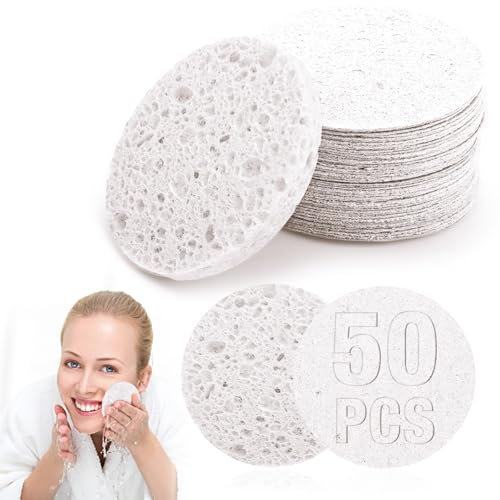 50 Pcs Facial Sponges, Compressed Face Sponges Cleansing Face Sponge 100％ Natural Wood Pulp Cotton Face Cleansing Pads for Daily Facial Cleansing Makeup Remover (2.3 In)(White)