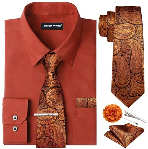 Barry.Wang Solid Colors Mens Dress Shirt and Tie Set Formal Business Wedding Shirts Long Sleeve Button Down Casual 6PCS Burnt Orange