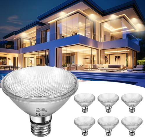 Homnebila PAR30 Short Neck 75W Halogen Flood Light Bulbs, 6-Pack, 2700K Dimmable, 120V E26 Base for 5-6in Recessed/Ceiling Can/Accent/Track Lighting